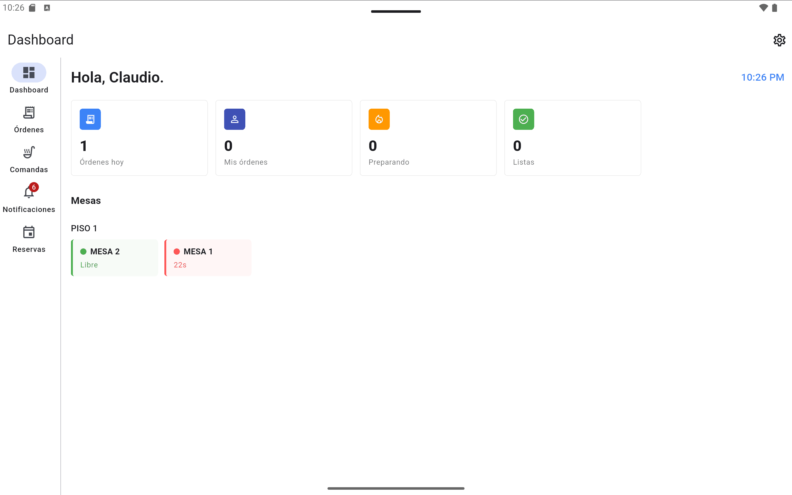 Pantalla de inicio de la app de meseros con estado de mesas
