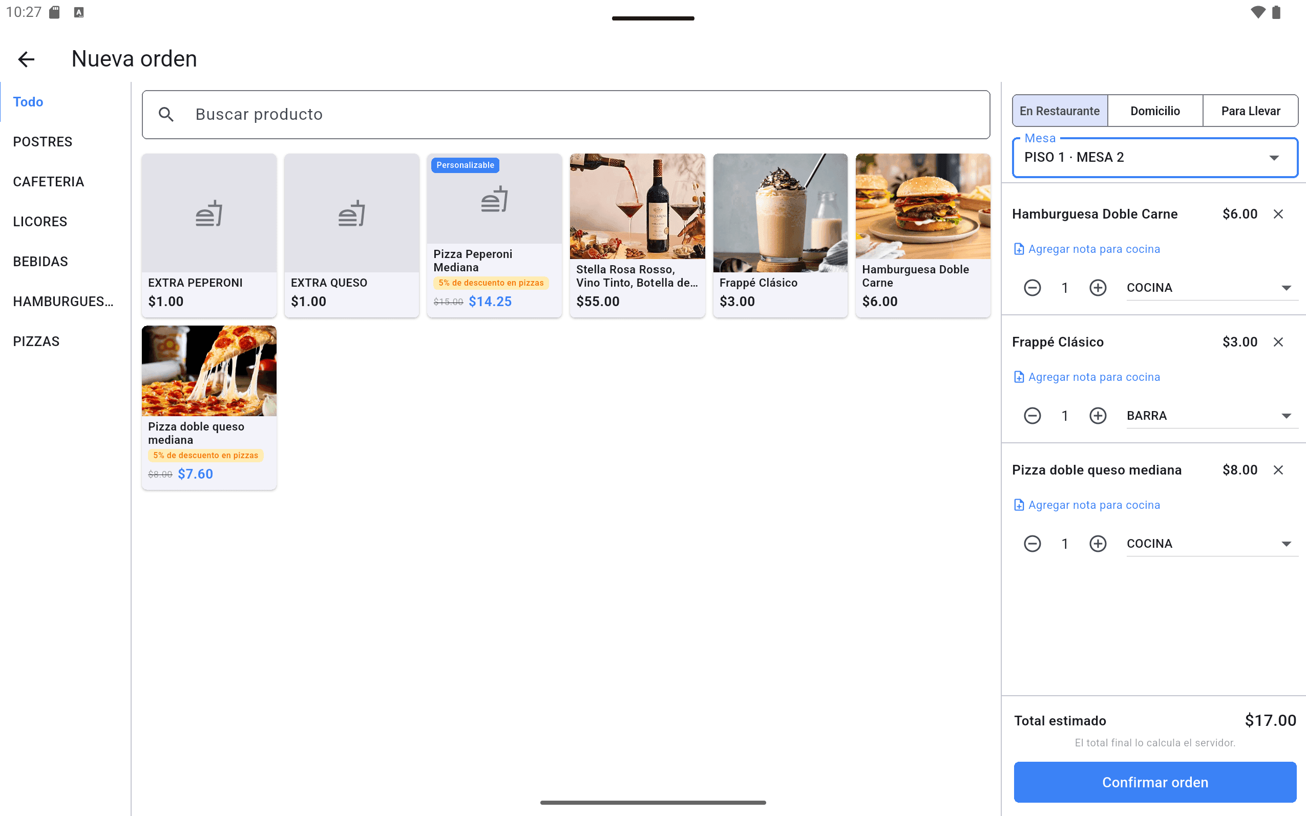Toma de pedido en la app de meseros